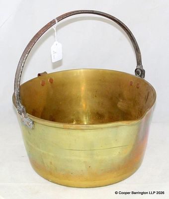 Victorian Large Heavy Gauge Brass Jam Pan. Late 19th Century. Having steel swing handle and 