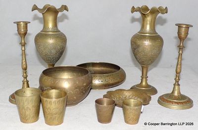 Antique/Vintage Indian Decorated Brass Collection to Include: A Pair of Vases. A Pair 