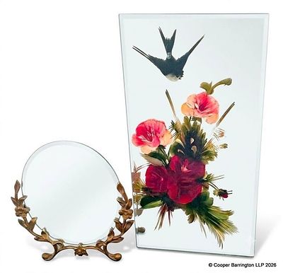 Antique Floral Botanical Oil Painting on Mirrored Glass Panel. 58.5 x 28 cm. Also a Vintage 