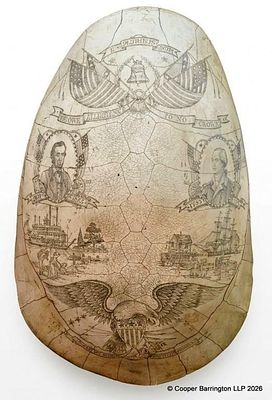 Large Patriotic Faux Scimshaw Turtle Shell. 20th Century. Depicting U.S. history with portraits 
