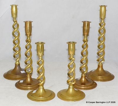 Antique Graduated Set Open Barley Twist Candlestis. Antique Graduated Set of Solid Brass Open 