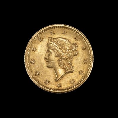 1852 Gold Dollar Coin. DESCRIPTION: Cartwheel mint luster surfaces and approximately AU. 
