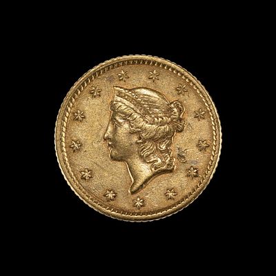 1853 Gold Liberty Dollar Coin. DESCRIPTION: Approximately VF with an indentation mark to the 