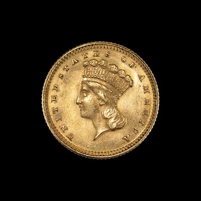 1874 Indian Princess Gold Dollar Coin. DESCRIPTION: A nice AU coin with cartwheel mint luster 