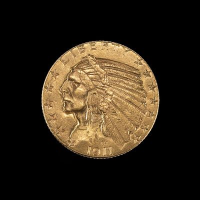 1911 $5 Indian Gold Coin. DESCRIPTION: Approximately AU showing good mint luster. MEASUREMENT: 