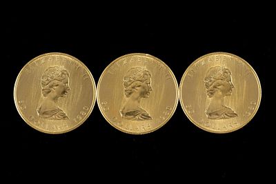 Three 1980 Canada Fifty Dollar Gold Coins. DESCRIPTION: Three troy ounces pure gold Canadian 
