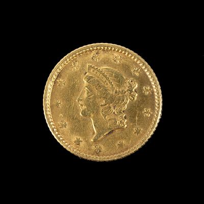 1853 One Dollar Gold Liberty Coin. DESCRIPTION: A nice XF details coin showing evidence of past 