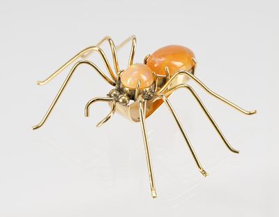 14K Gold Mexican Fire Opal Spider Pendant. DESCRIPTION: Marked "14k Mex" yellow gold spider form 