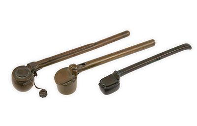 3 Japanese Bronze Yatate Inkwells & Brush Holders. DESCRIPTION: One with small compass attached.