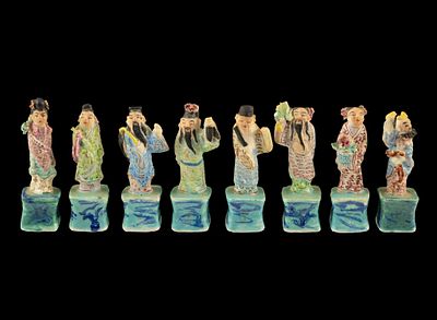 8 Small Handpainted Chinese Figurines. DESCRIPTION: Bases painted blue. Various characters
