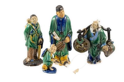 4 Shekwan Chinese Mudmen Figures. DESCRIPTION: All marked China. Includes fisherman; woman