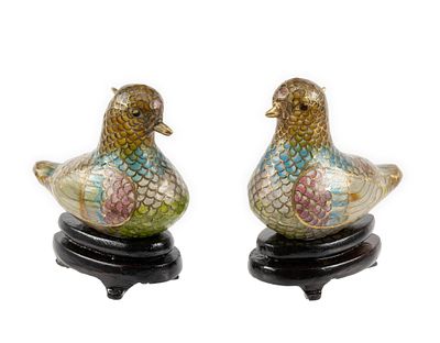 Antique Pr. Chinese Plique a Jour Birds w/ Stands. DESCRIPTION: Plique a Jour is a vitreous