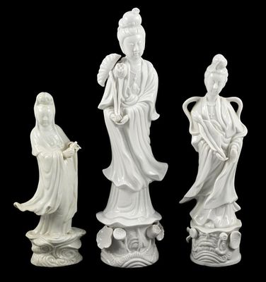 3 Blanc de Chine Porcelain Figurines incl. Guanyin. DESCRIPTION: Guanyin is a revered