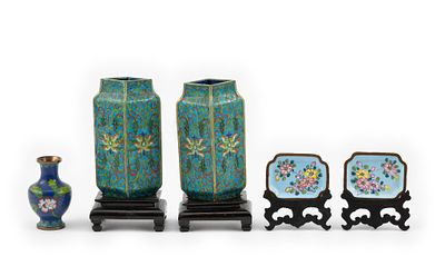 5 Small Cloisonne Pcs. DESCRIPTION: Includes 2 vases with stands; 2 small platters with stands;