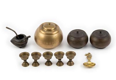 10 Pcs Asian Brass. DESCRIPTION: Includes incense burner, dish with spoon, and Tibetan butter