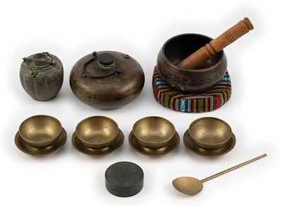9 Asian Brass Pieces. DESCRIPTION: Includes Chinese ink box; Tibetan singing bowl; tea kettle;