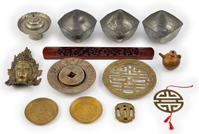 13 Decorative Asian Pieces. DESCRIPTION: Includes bowls, hanging pieces, and more. MEASUREMENT: