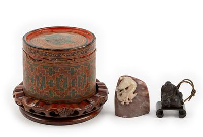 3 Asian Decorative Pieces. DESCRIPTION: Includes Burmese betel box with stand, soapstone with