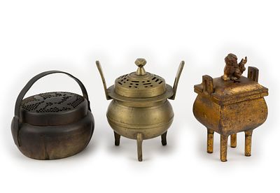 2 Incense Burners & 1 Hand Warmer. DESCRIPTION: Hand warmer with floral design on top. One