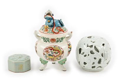 2 Asian Water Droppers & Kutaniware Incense Burner. DESCRIPTION: Includes celadon water dropper;