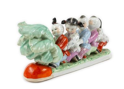 Chinese Porcelain Famille Rose Children Figurine. DESCRIPTION: Five children all pulling a large