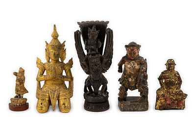 5 Asian Carved Figurines. DESCRIPTION: Includes Garuda figurine; Buddhist gold color wood