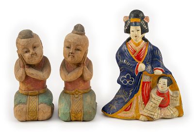 3 Asian Sculptures. DESCRIPTION: Includes Japanese ceramic doll sculpture and two wood child