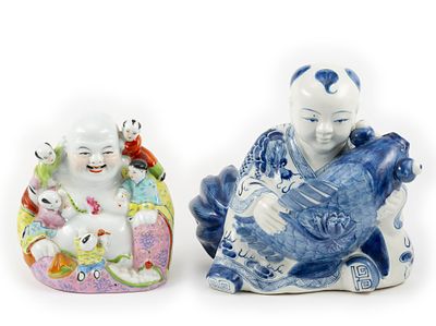 2 Chinese Porcelain Figures. DESCRIPTION: Includes laughing Buddha with five children and blue