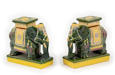 Vintage Pair of Asian Green Ceramic Elephant Pedastals. DESCRIPTION: Both colorfully decorated