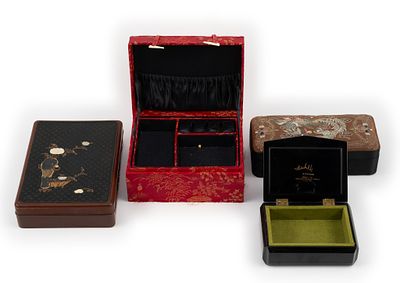 4 Asian Jewelry Boxes. DESCRIPTION: Includes two silk covered boxes. One box with sticker marked