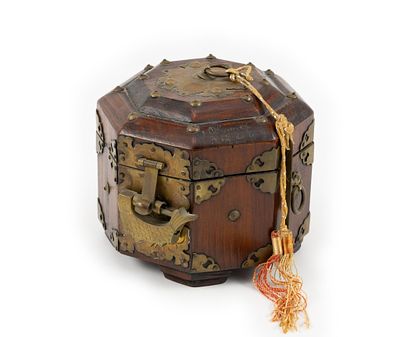 Korean Octagonal Wood & Brass Box c. 19th C. DESCRIPTION: Design characteristic of the Korean