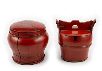 2 Antique Chinese Red Lacquered Buckets c. 19th C. DESCRIPTION: Includes water bucket and rice