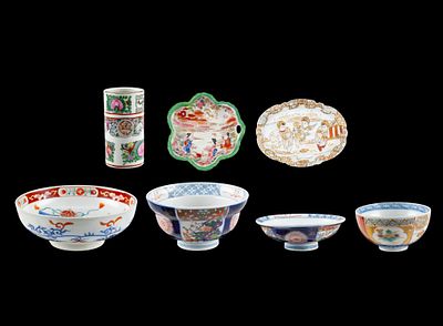7 Blue & White Asian Porcelain Pcs. DESCRIPTION: Includes Imari porcelain plate; Imari porcelain