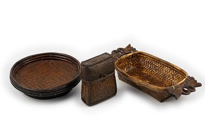 3 Asian Baskets. DESCRIPTION: Includes Philippine winnowing basket associated with the Ifugao