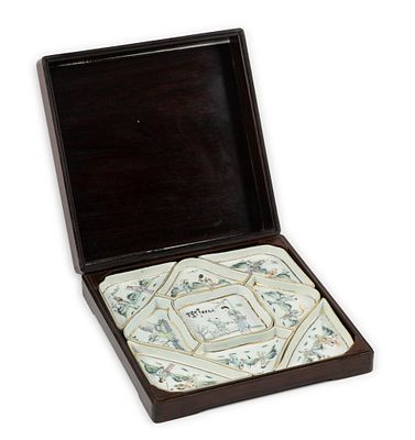 Chinese Famille Rose Sweetmeat Trays w/ Wood Storage Box. DESCRIPTION: Various scenes on trays.