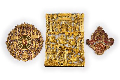 3 Carved Wall Hangings. DESCRIPTION: Each with gilt paint. Designs include warriors, horses