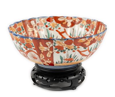 Antique Japanese Imari Bowl with Wooden Stand. DESCRIPTION: Includes Imari bowl with floral