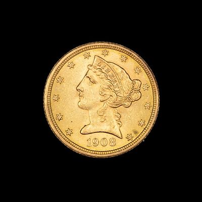 1908 Five Dollar Gold Coin. Good surfaces with original luster, not polished, XF/AU.