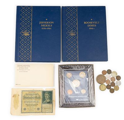 Various U.S. Coins Including Silver. Roosevelt dime book with 39 silver dimes, Peace Dollar, two