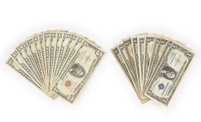 Group Of 11 Silver Certificate One Dollar Bills 1935 And 15 Red Seal $5. Several higher grade