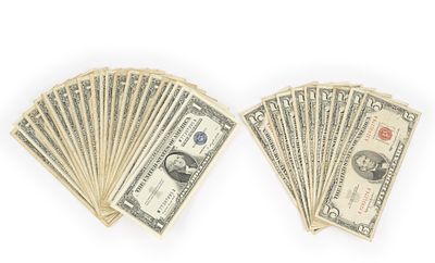 Group Of 30 Silver Certificate One Dollar Bills 1957 And $5 Red Seal. The condition ranges from