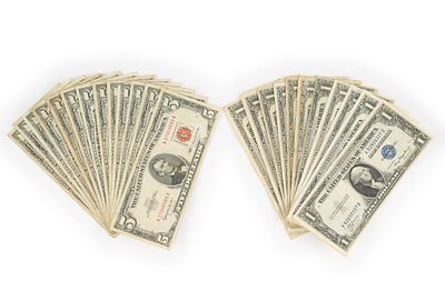 Group Of 11 Silver Certificate One Dollar Bills 1935 And 15 Red Seal $5. Several higher grade