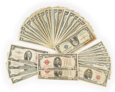 29 Silver Certificate One Dollar Bills And $5 And $2 Red Seal. The condition ranges from higher