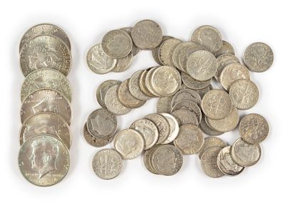 Silver Roosevelt Dimes And Kennedy Half Dollars. (6) 1964 Kennedy halves and (51) silver