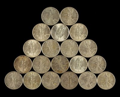 20 Higher Grade Walking Liberty Silver Half Dollars. All are AU to uncirculated with a few noted