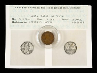 1909-S VDB Lincoln Wheat Cent Graded VF 20. A very early grading by ANACS from when they