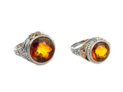 14K Gold Antique Citrine Rings. A pair of white gold filigree rings with central citrine 