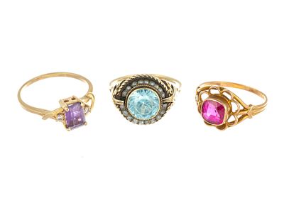 Three Antique 14K Gold Rings. All are size 5.5 to 6. The ring with seed pearls shows wear to the 