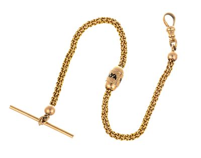 14K Gold Victorian Pocket Watch Chain. Mesh gold chain with rose gold and black enamel slide. 