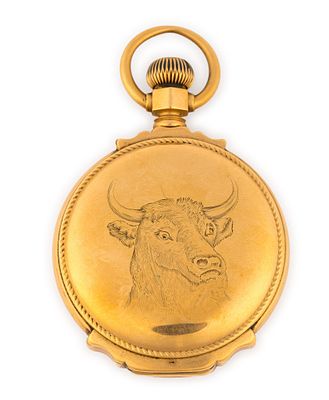 18K Gold Hunter Case Waltham Pocket Watch. The dial and case are marked A. W. Co. Waltham. Case 